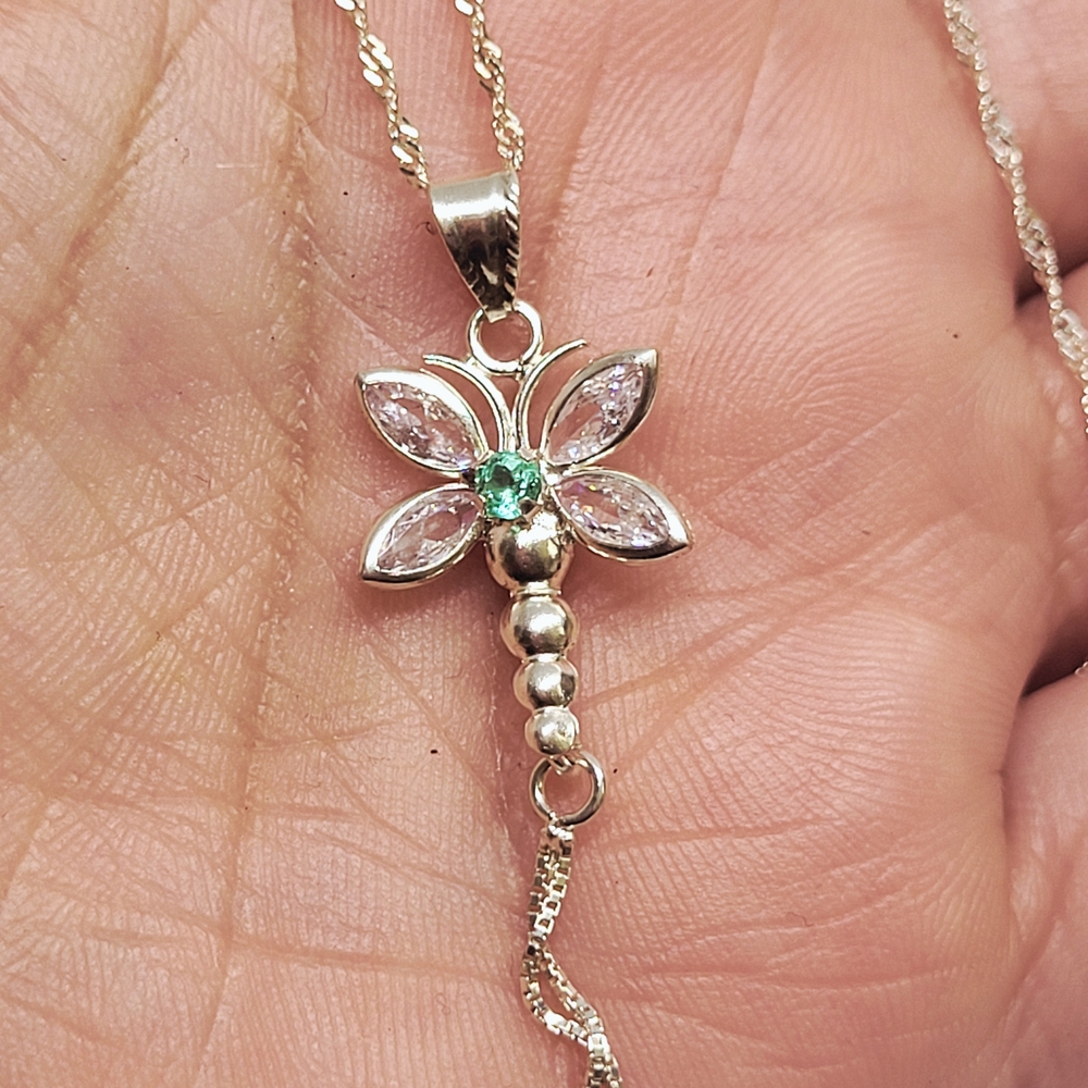 Elegant Silver and Green Dragonfly Pendant Necklace